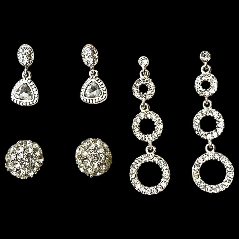Rhinestone Earrings Lot 3 Pierced Dangle Studs Sparkly Bright Silver Tone Post